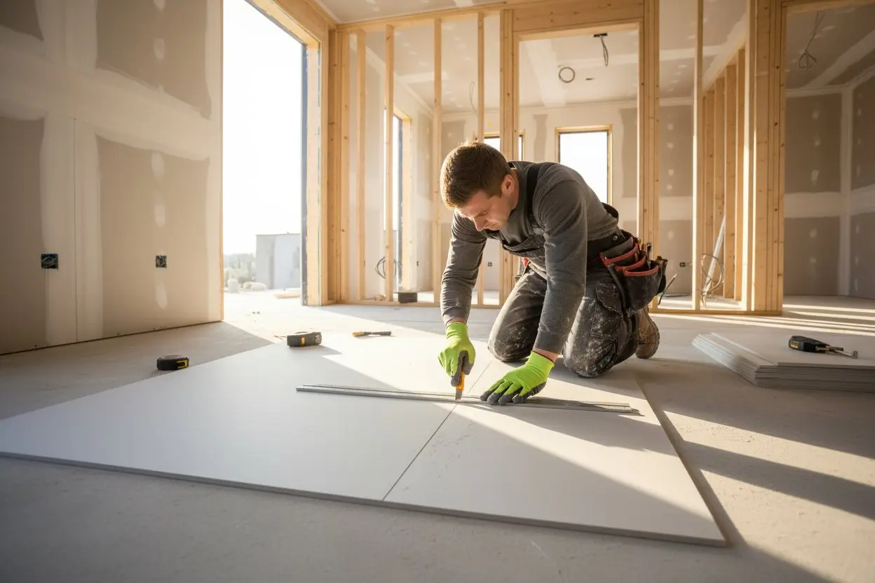 Contractor cutting drywall panels on-site during installation in an Aurora home.