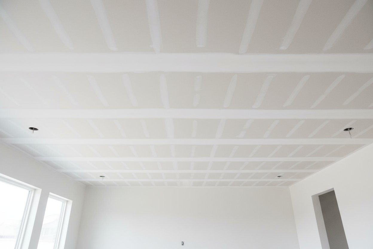 Completed drywall ceiling in Barrie with taped seams and recessed lighting openings.