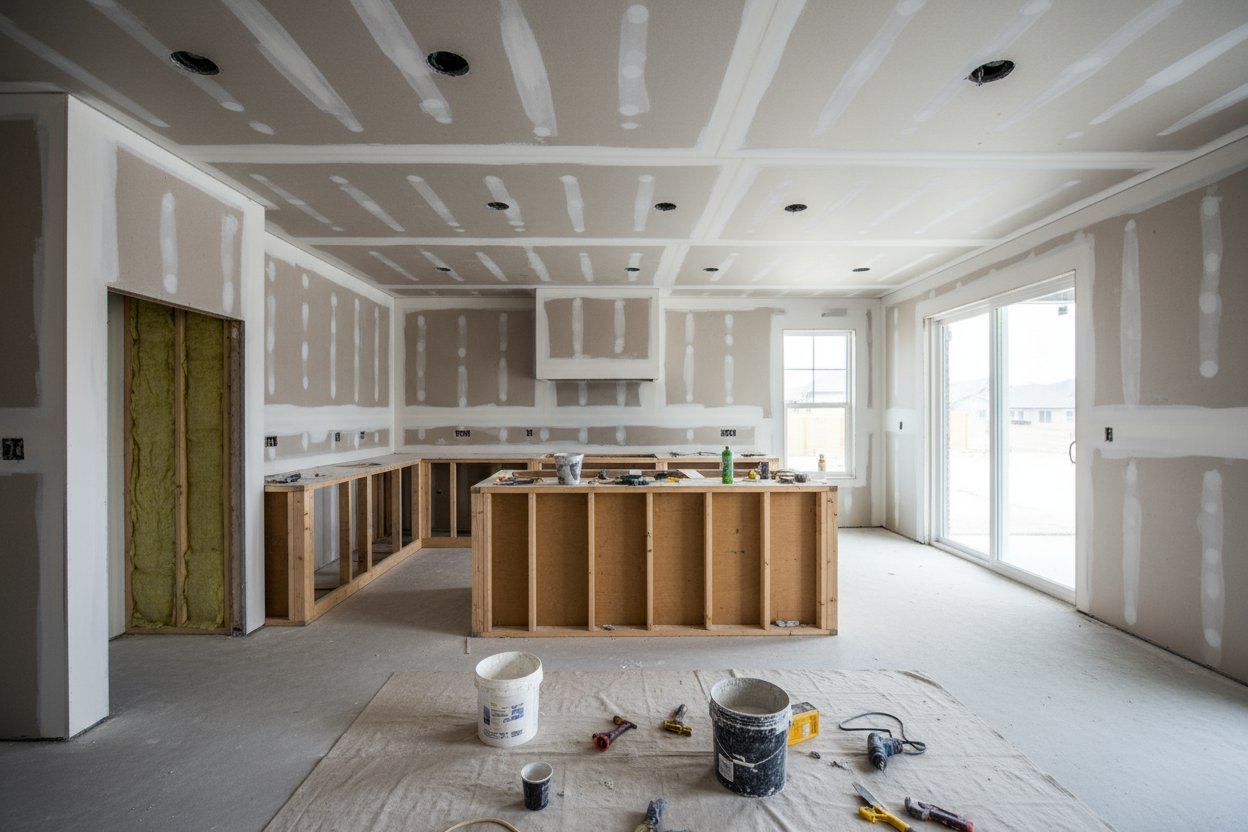 Drywall installation in a Barrie kitchen renovation with taped walls and ceiling.