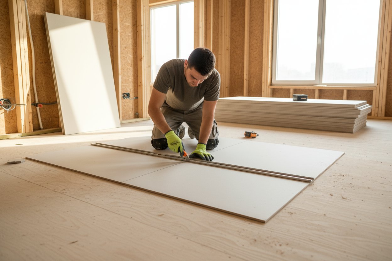 contractor cutting drywall sheet during installation in Brampton