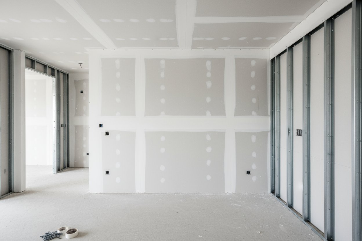 New drywall walls installed over metal framing in East Gwillimbury construction site.