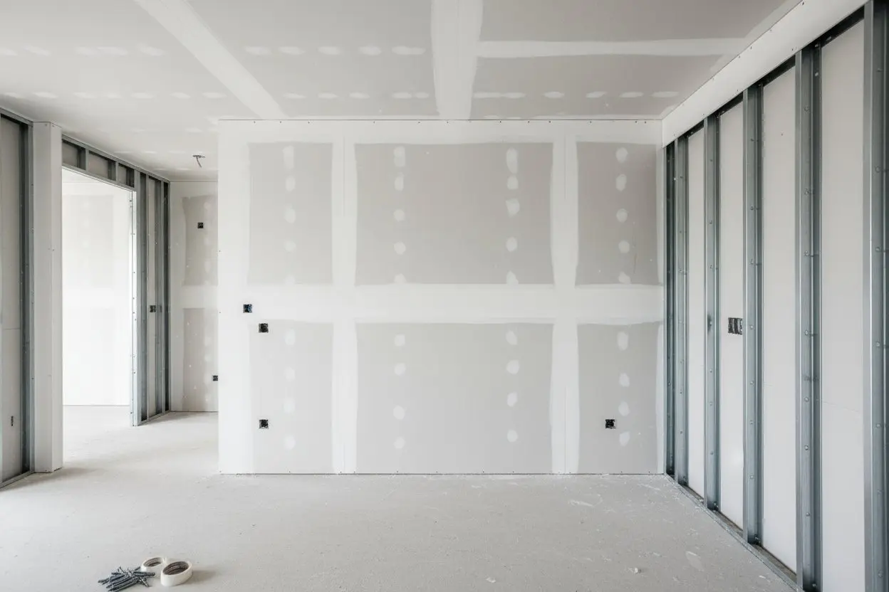 New drywall walls installed over metal framing in East Gwillimbury construction site.