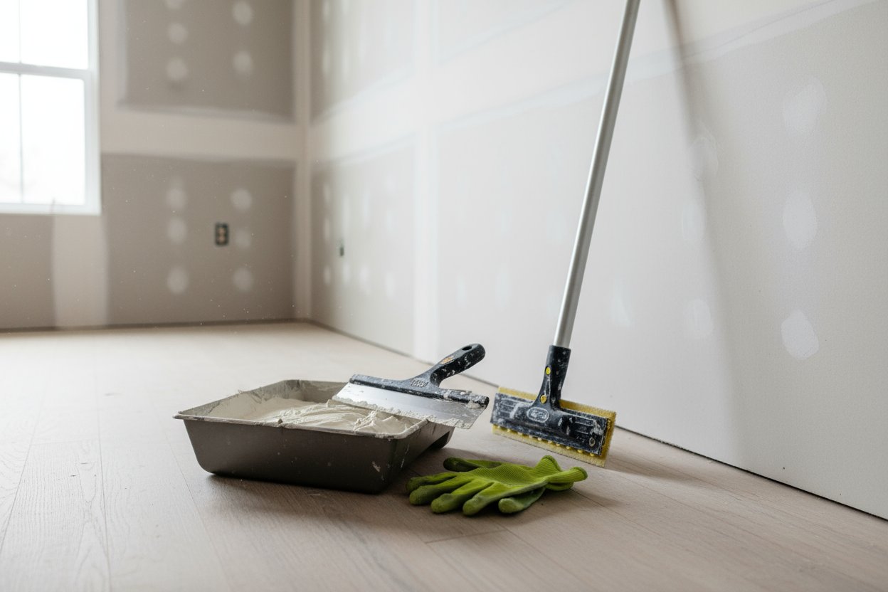 Drywall taping tools and compound placed on the floor during installation in East Gwillimbury.