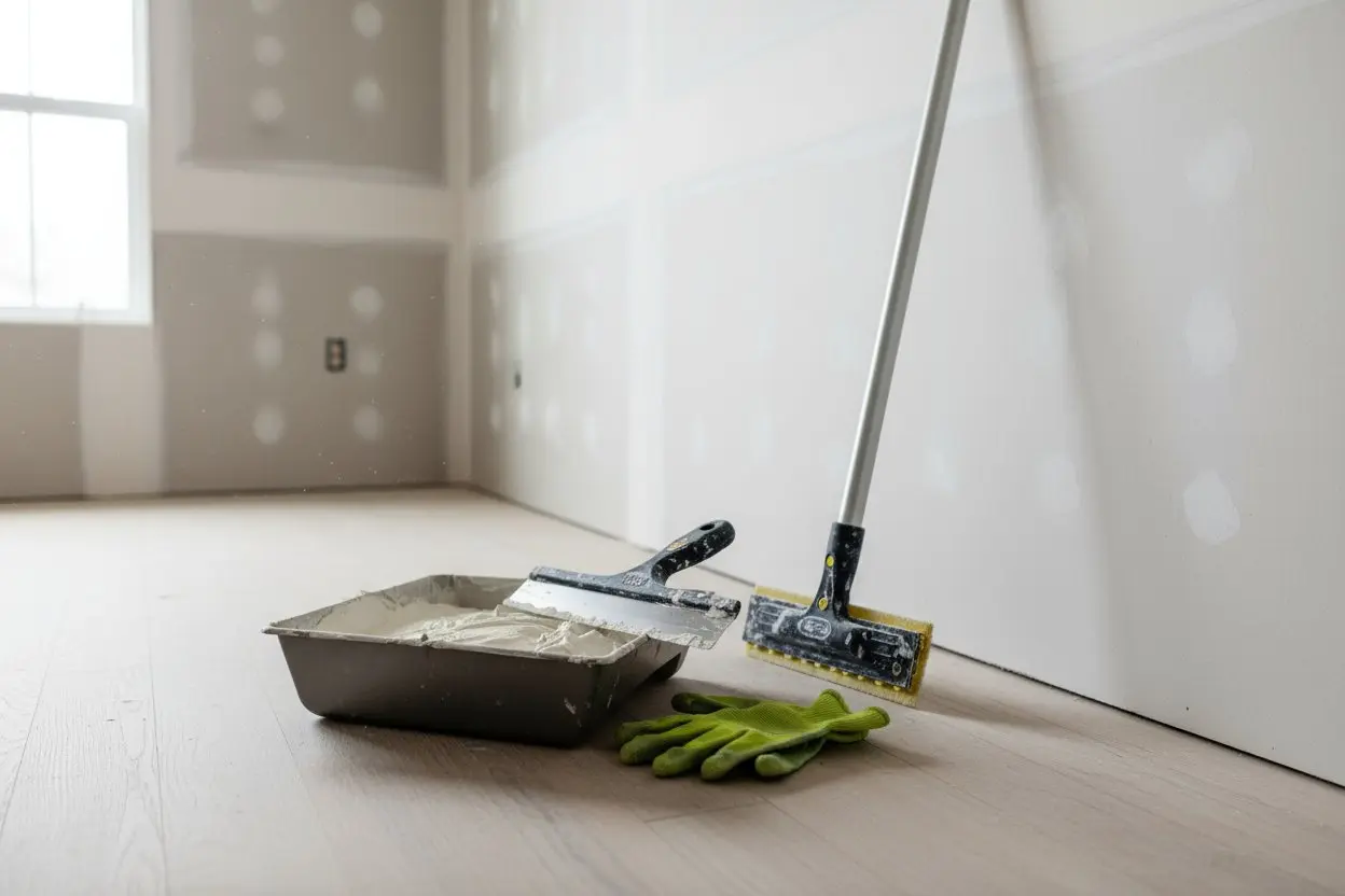 Drywall taping tools and compound placed on the floor during installation in East Gwillimbury.