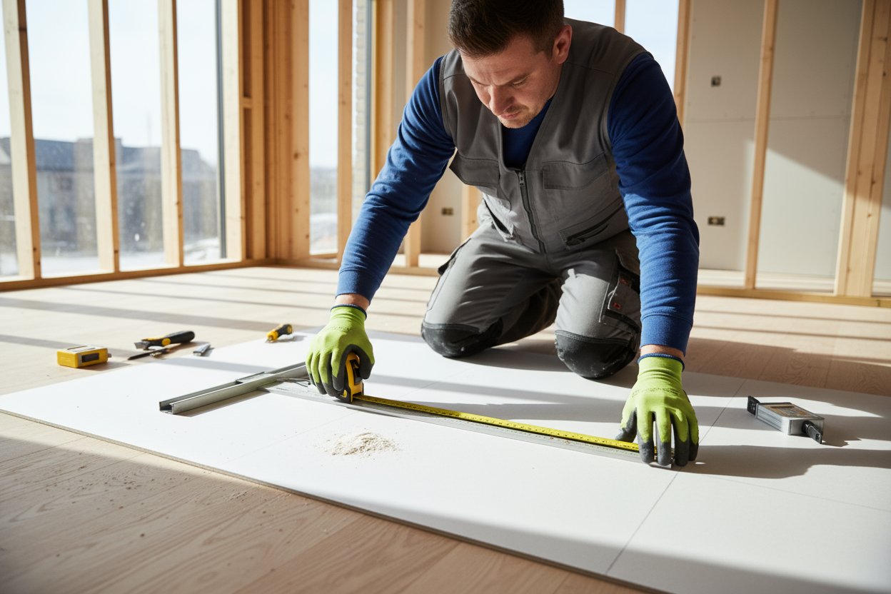 contractor measuring drywall sheet for installation in East York