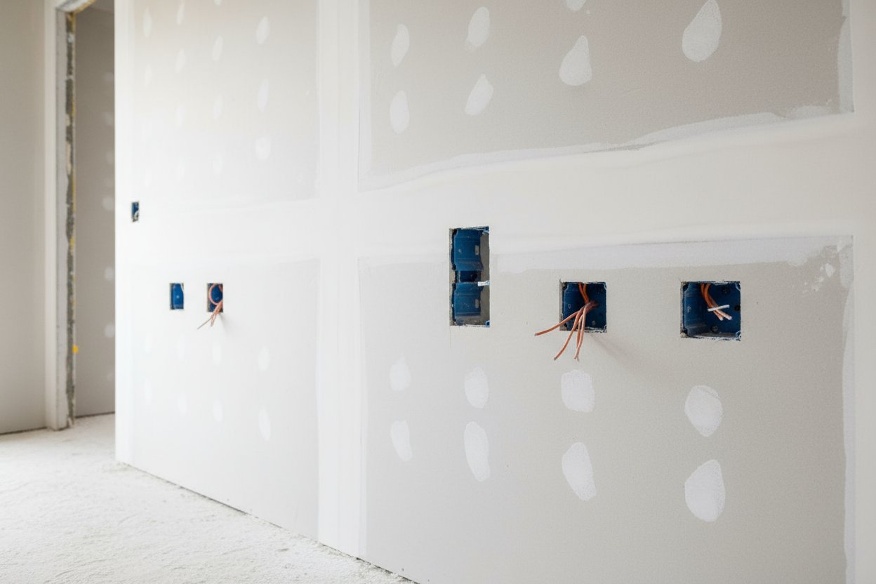 drywall installation in East York with electrical wiring setup