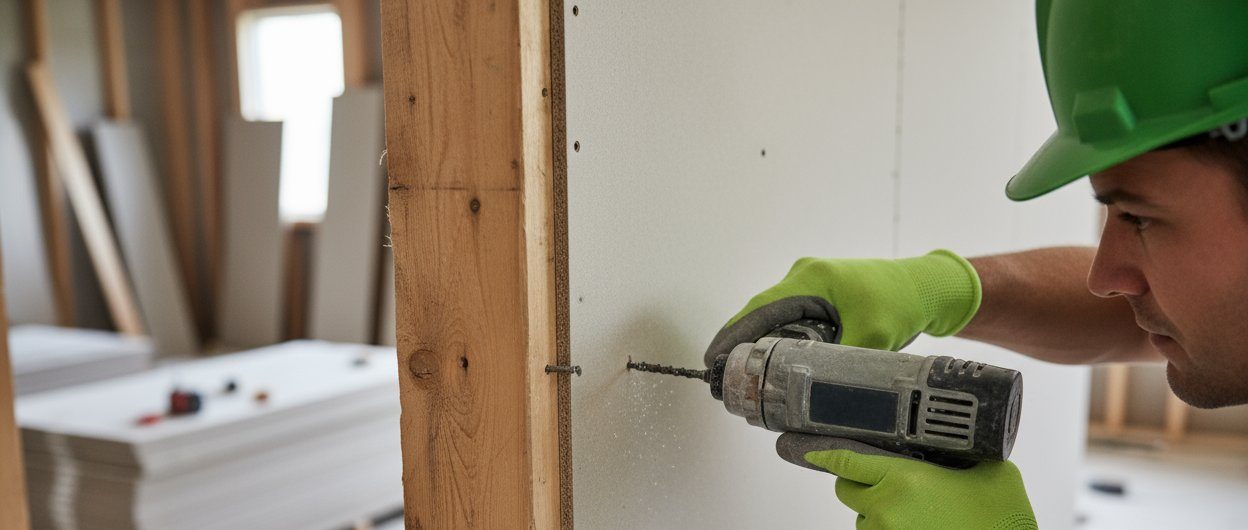 contractor performing drywall installation in Etobicoke using power drill
