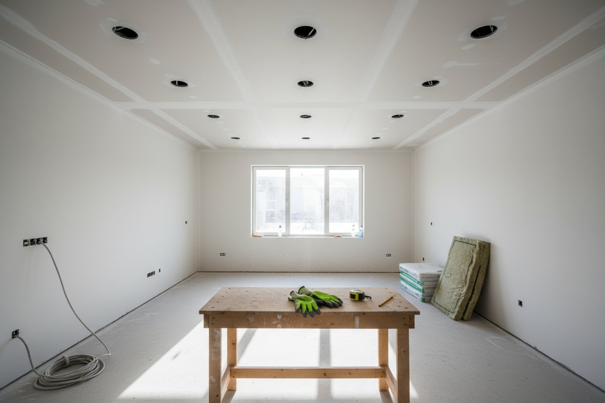 completed drywall installation in Etobicoke with ceiling lighting setup