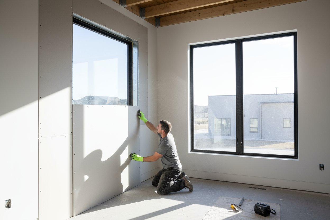 Contractor installing drywall panels around window frames in a Hamilton home.