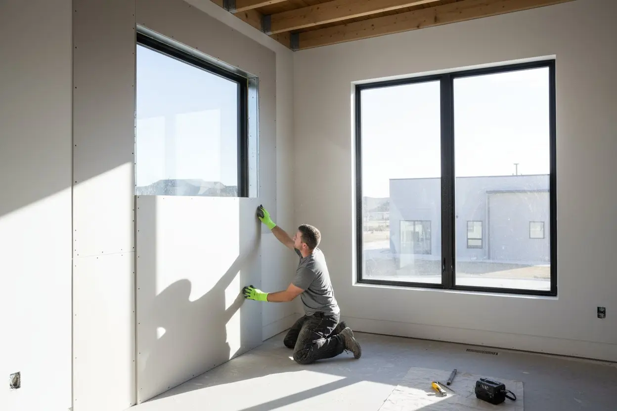 Contractor installing drywall panels around window frames in a Hamilton home.