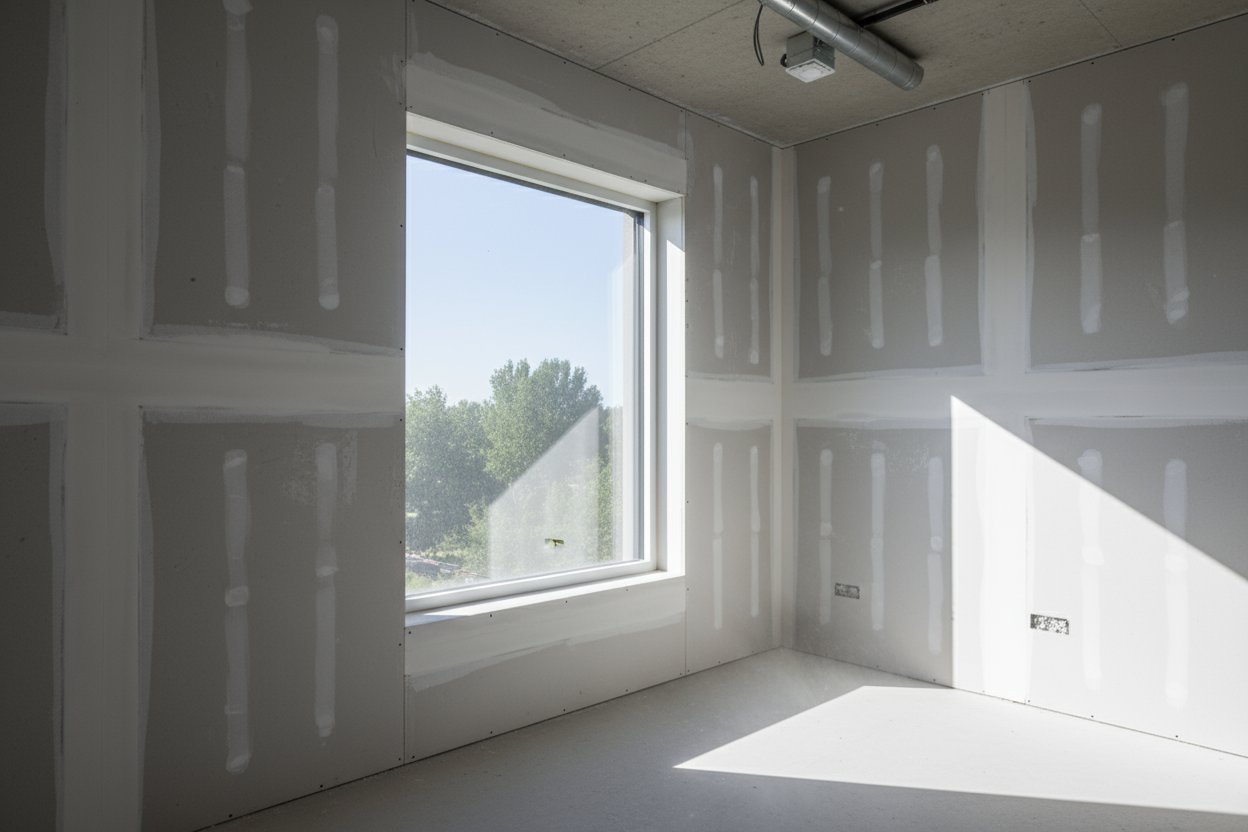 Finished drywall walls and ceiling in a Hamilton property with sunlight streaming in.
