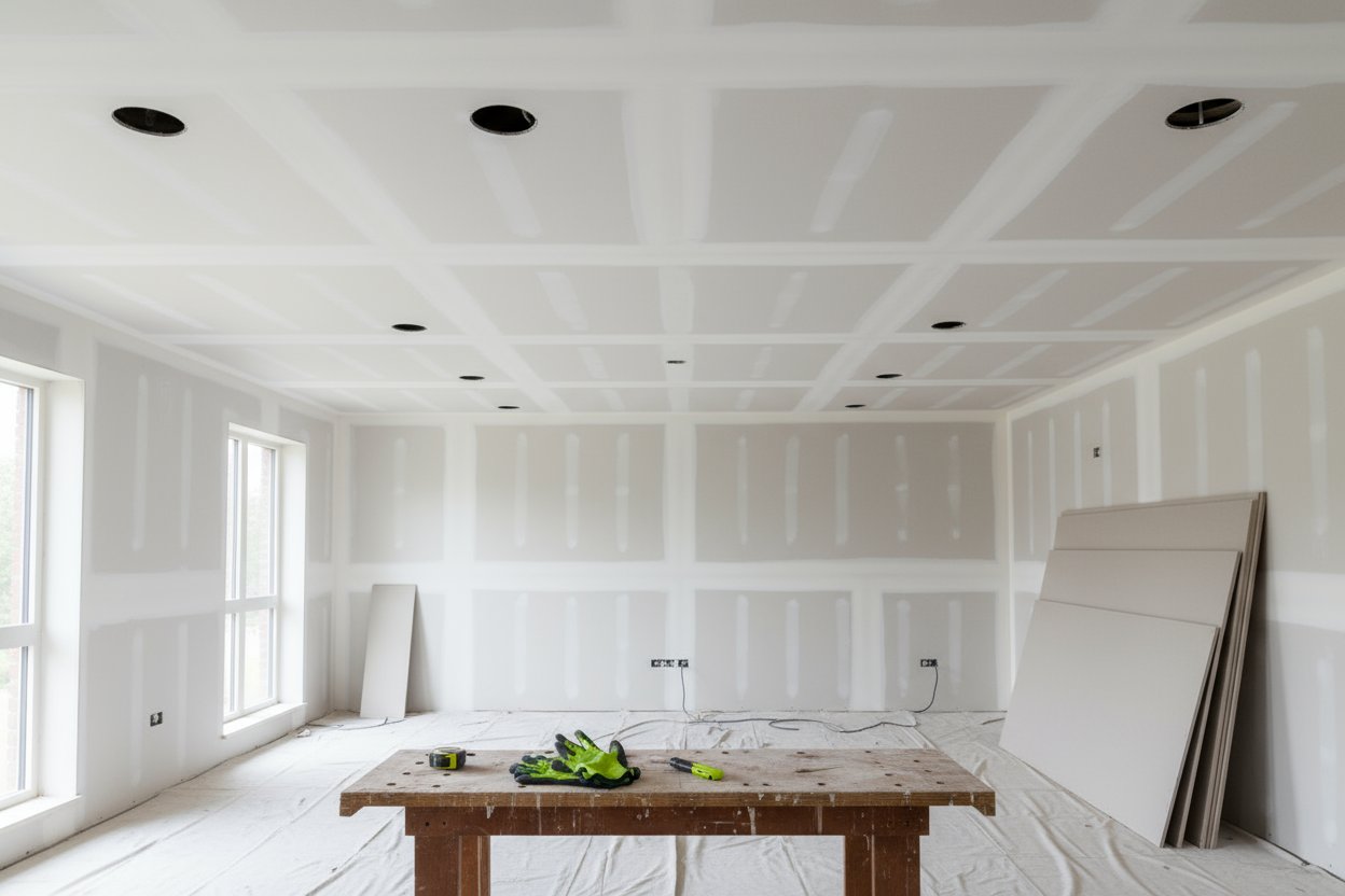 Completed drywall ceiling and walls with recessed lighting in a Hamilton home.