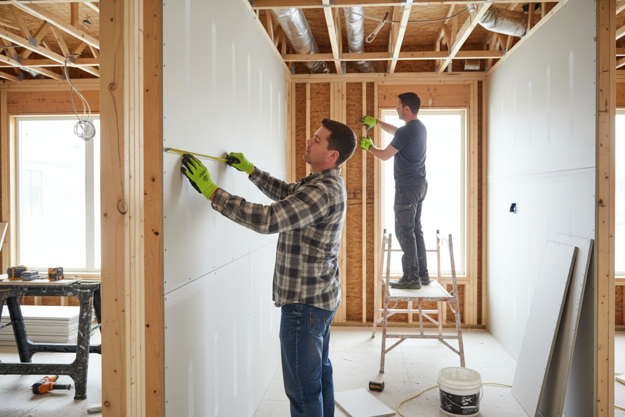 Contractors installing drywall panels on wooden framing in an Innisfil house.