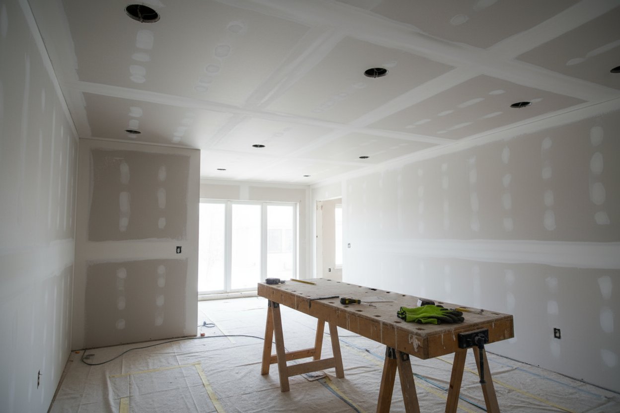 Finished drywall walls and ceiling in an Innisfil home ready for painting.