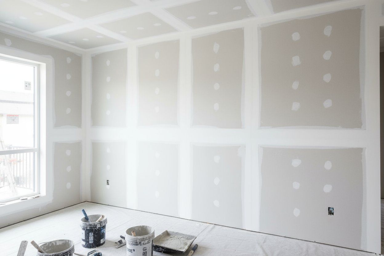 Drywall taping and mudding tools on the floor during wall finishing in Innisfil.