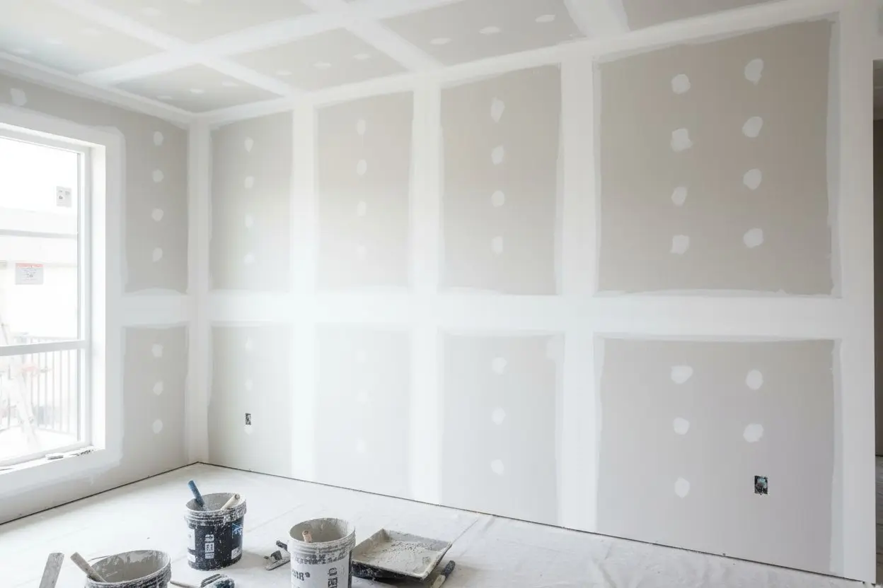 Drywall taping and mudding tools on the floor during wall finishing in Innisfil.
