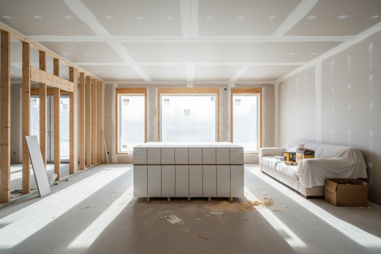 Residential drywall installation in progress in King City with natural lighting and stacked panels.