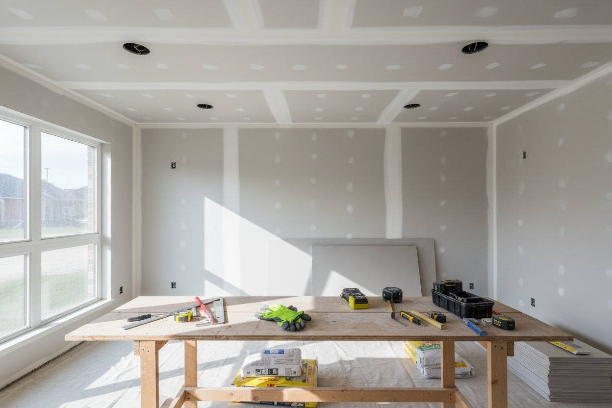 Construction workspace with tools prepared for drywall installation in a King City home.