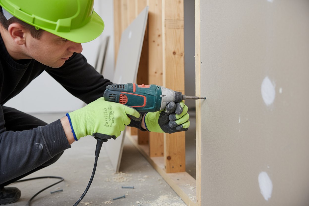 Contractor securing drywall panels with a drill during wall installation in King City.