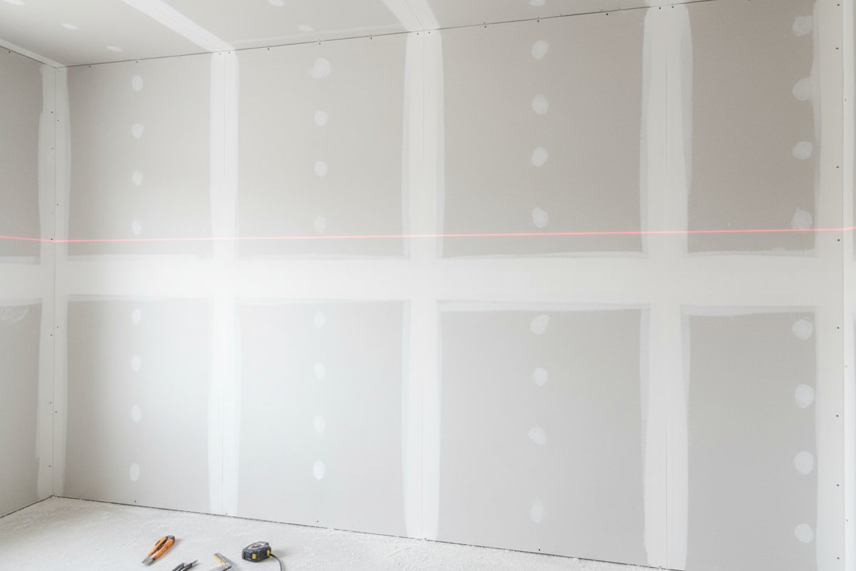 Laser line marking the drywall installation process at a construction site in Markham.