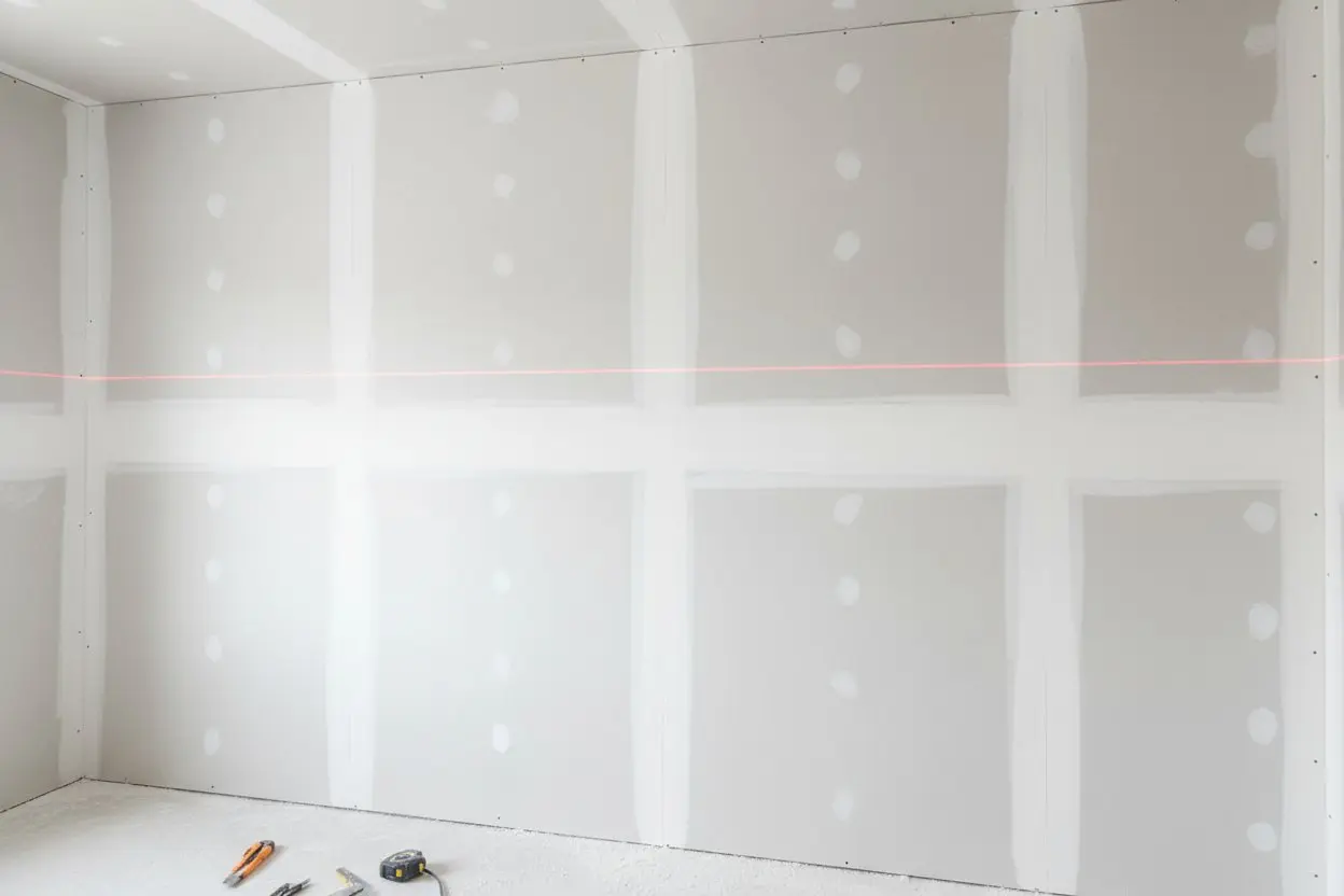 Laser line marking the drywall installation process at a construction site in Markham.