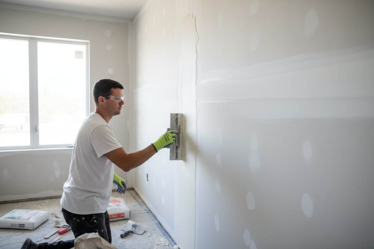 Contractor applying finishing touch to drywall in a Markham residential project.