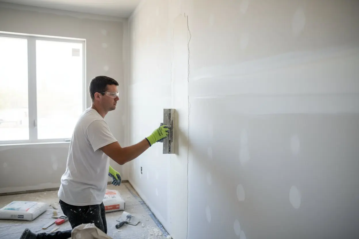 Contractor applying finishing touch to drywall in a Markham residential project.