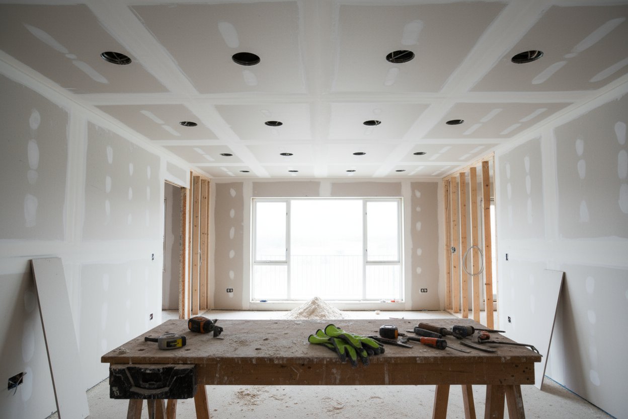 Completed drywall ceiling with visible seams being finished at a Markham residential property.