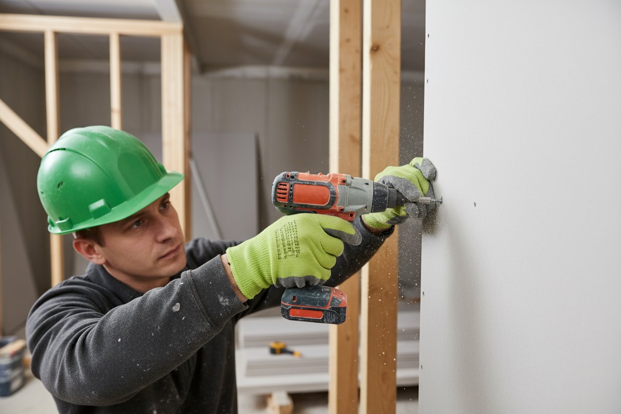 Contractor drilling drywall panels during installation in a Milton construction project.