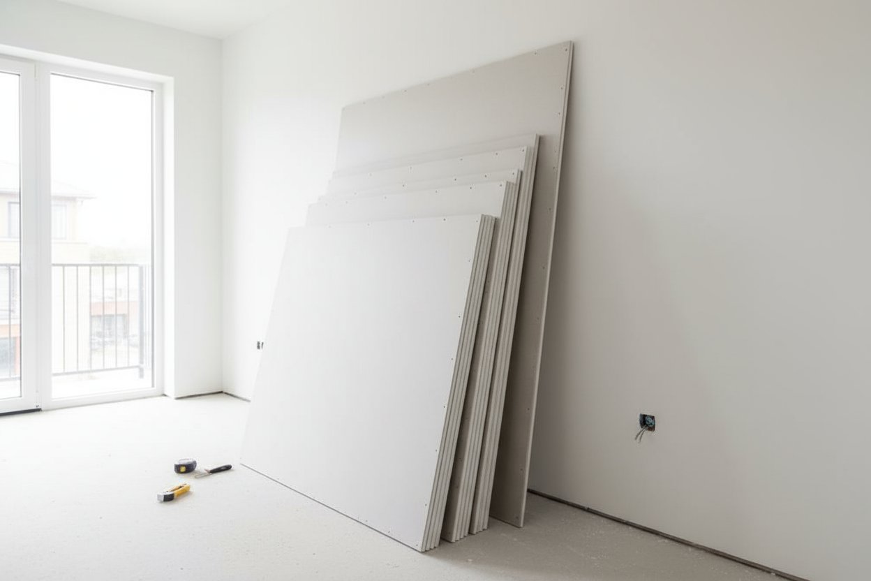 Stack of drywall sheets prepared for installation in a bright Milton home.