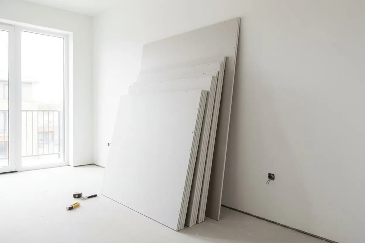 Stack of drywall sheets prepared for installation in a bright Milton home.