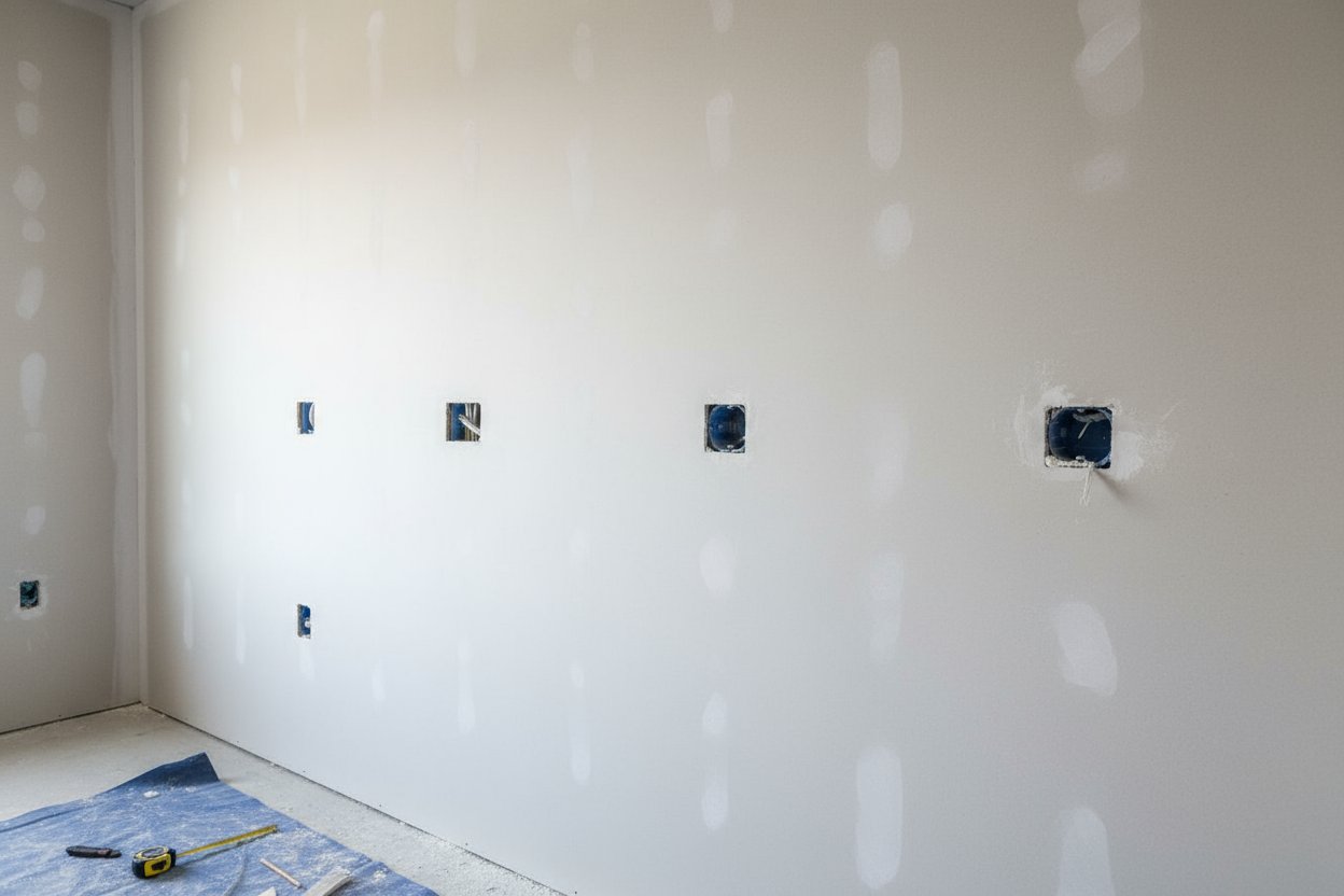 Drywall wall installation with visible electrical outlets in a Milton residential project.