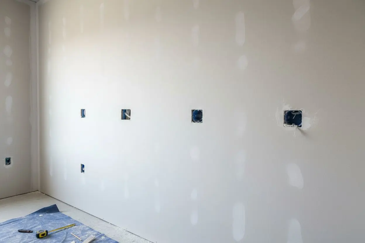 Drywall wall installation with visible electrical outlets in a Milton residential project.