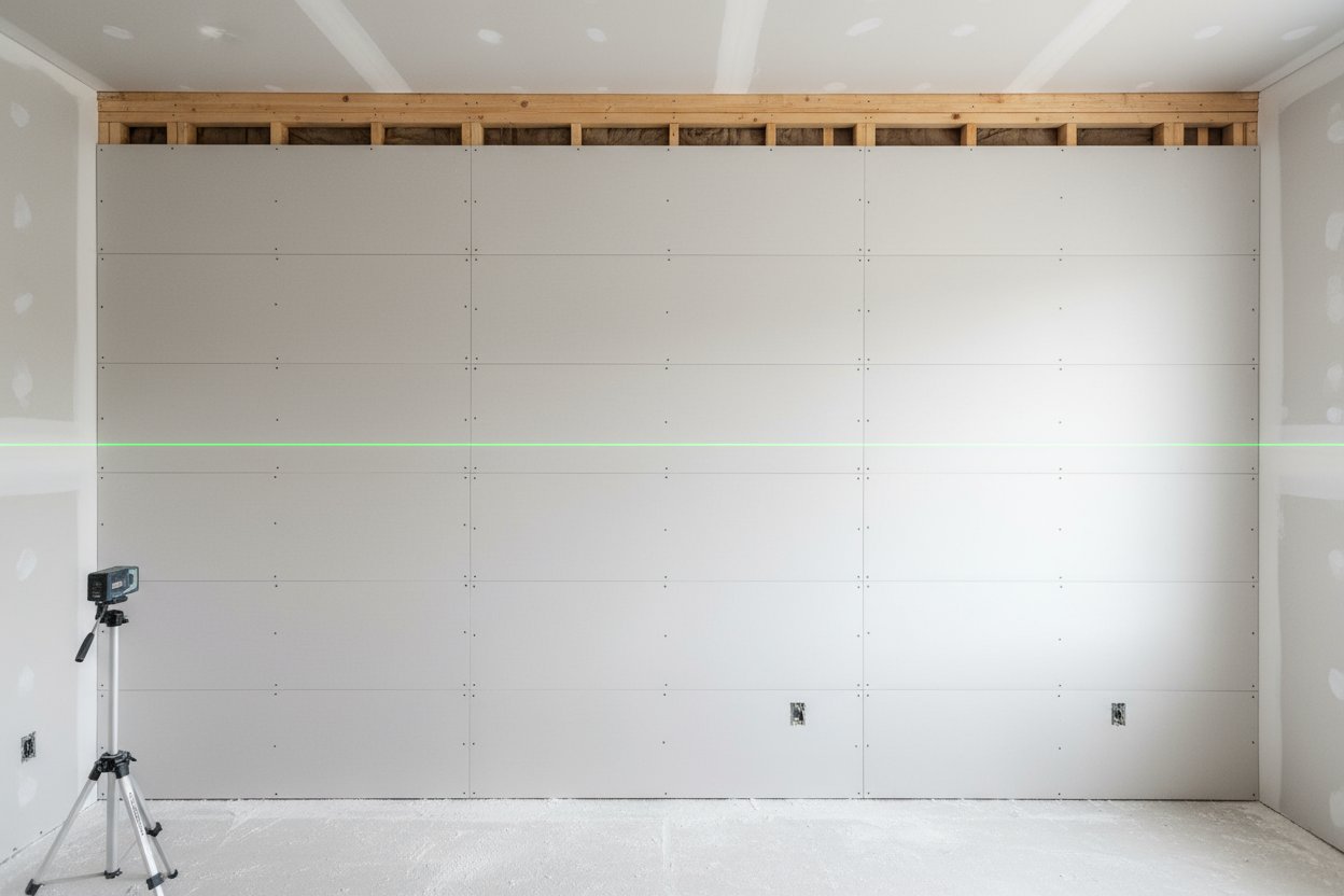 Perfectly aligned drywall wall with laser level in a Newmarket construction project.