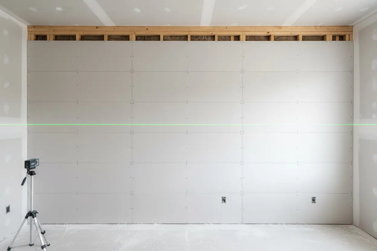 Perfectly aligned drywall wall with laser level in a Newmarket construction project.