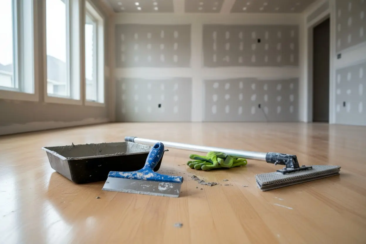 Drywall finishing tools on the floor after installation in a Newmarket property.