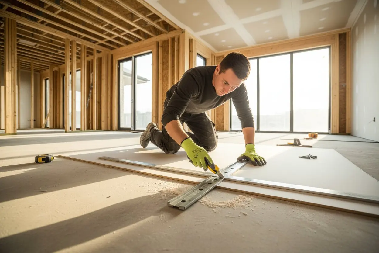 Contractor measuring and cutting drywall panels during installation in a Newmarket home.