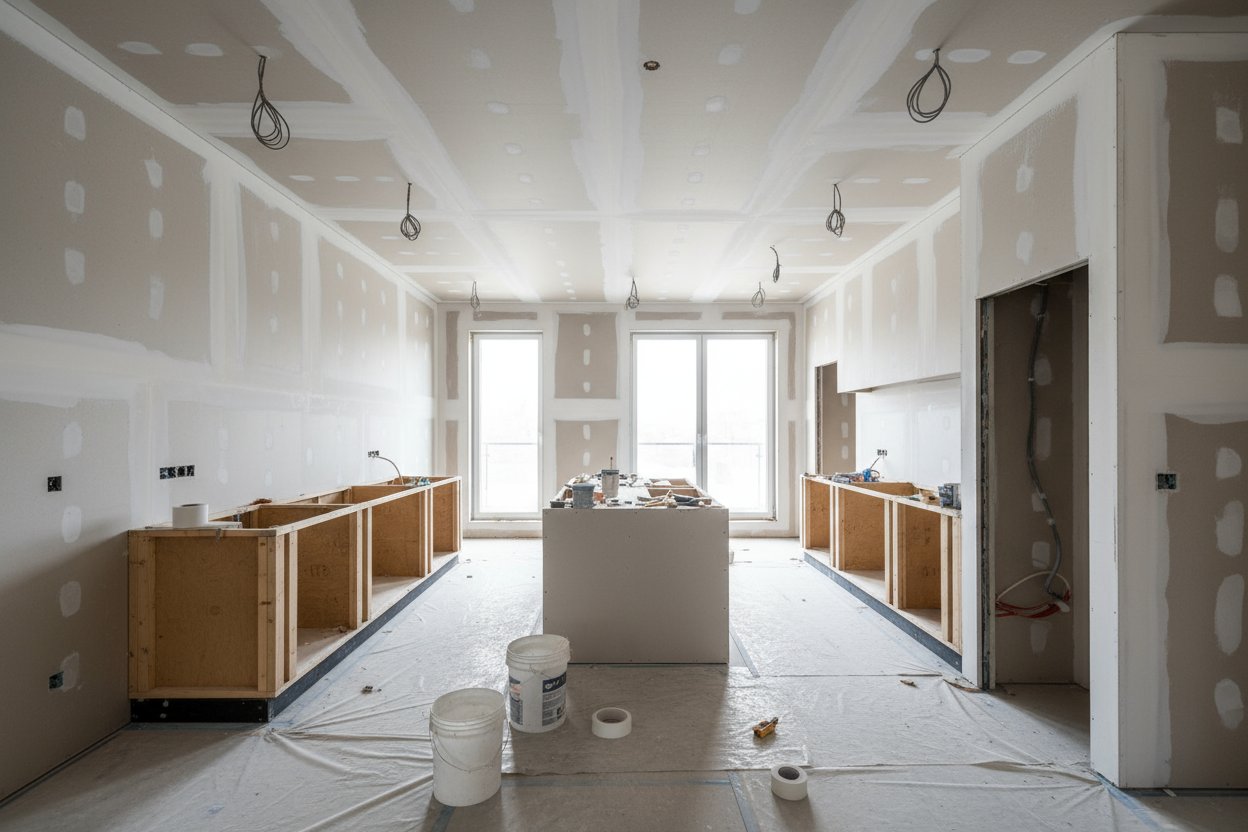 Drywall being applied to the walls in an Oakville kitchen renovation project.