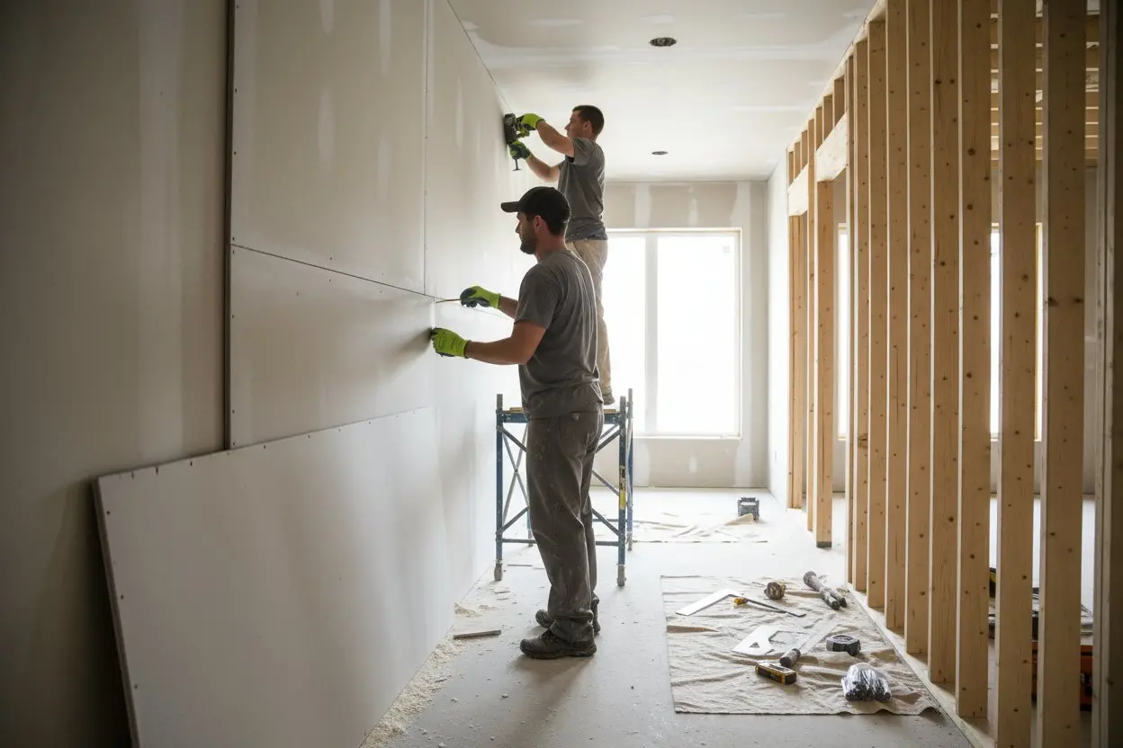Contractors working together to install drywall on walls in an Oakville home.