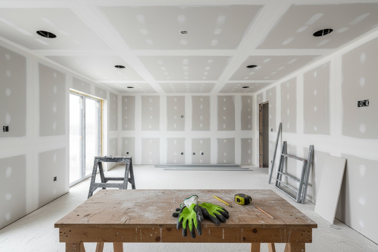 Drywall ceiling installation in progress at an Oakville home with visible seams.