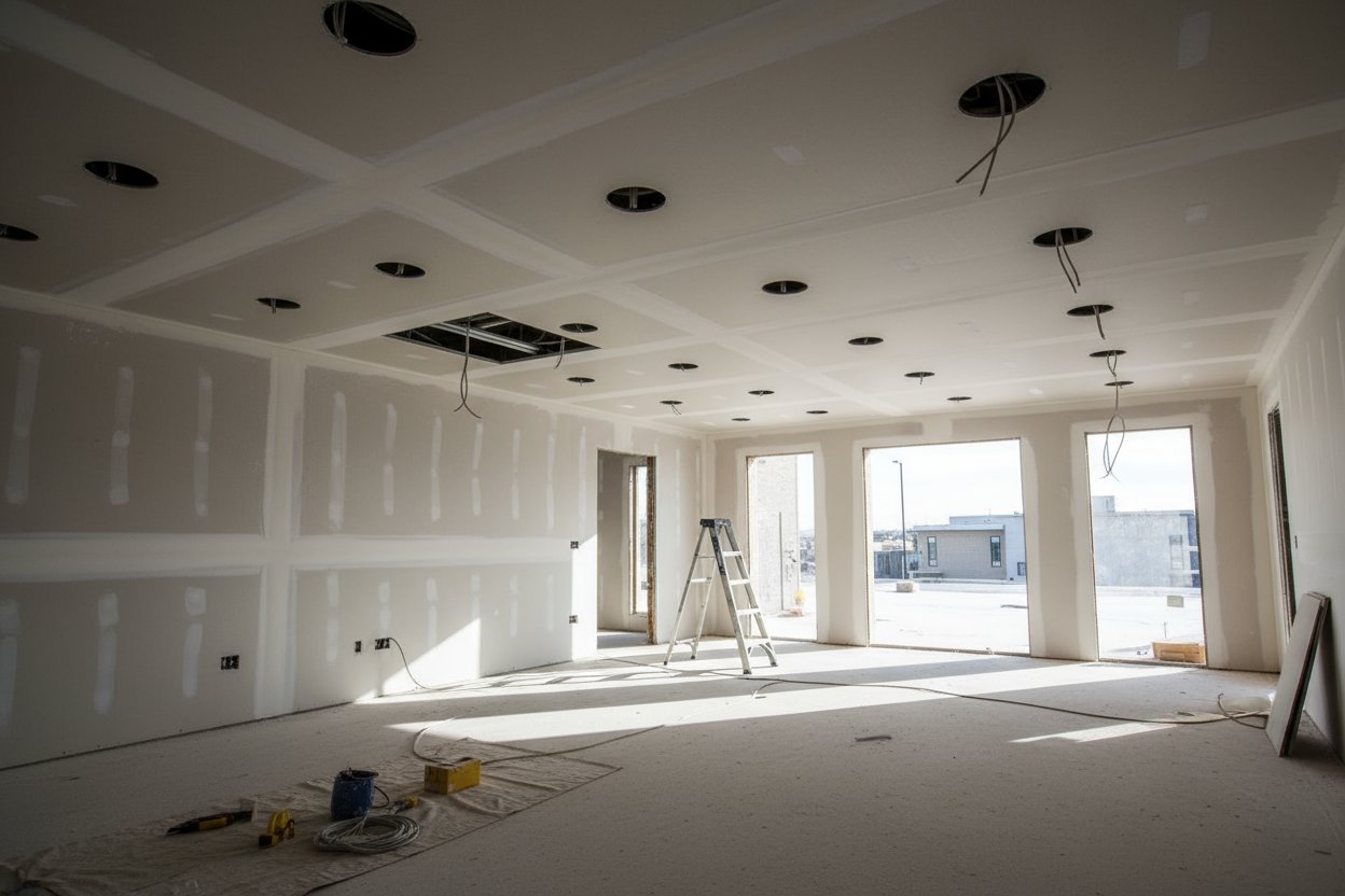 drywall installation in Scarborough home ceiling with lighting cutouts
