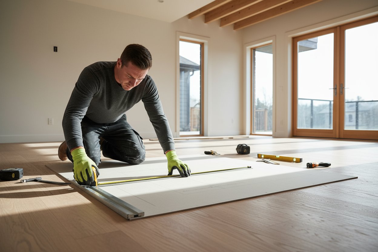 contractor measuring drywall sheet during installation in Scarborough