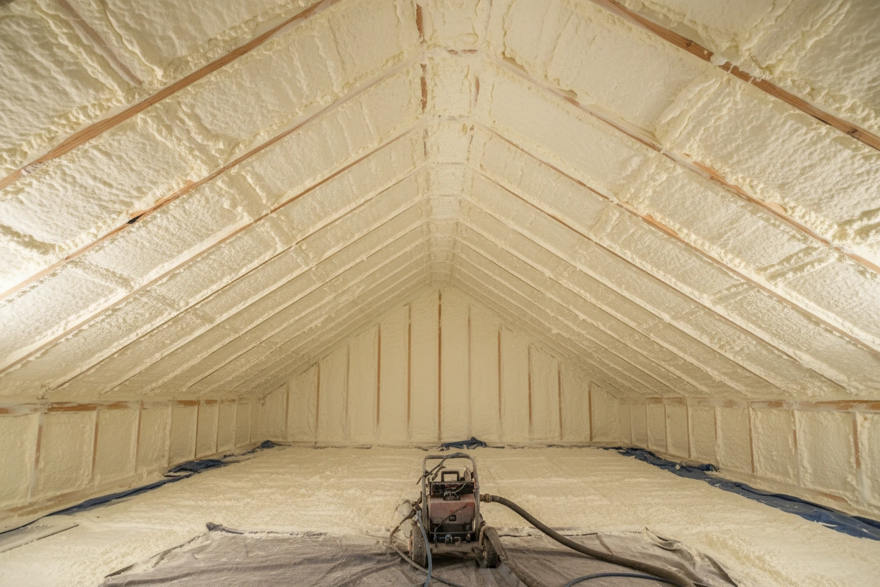 spray foam attic insulation applied evenly on roof deck and floor in a bright sealed space
