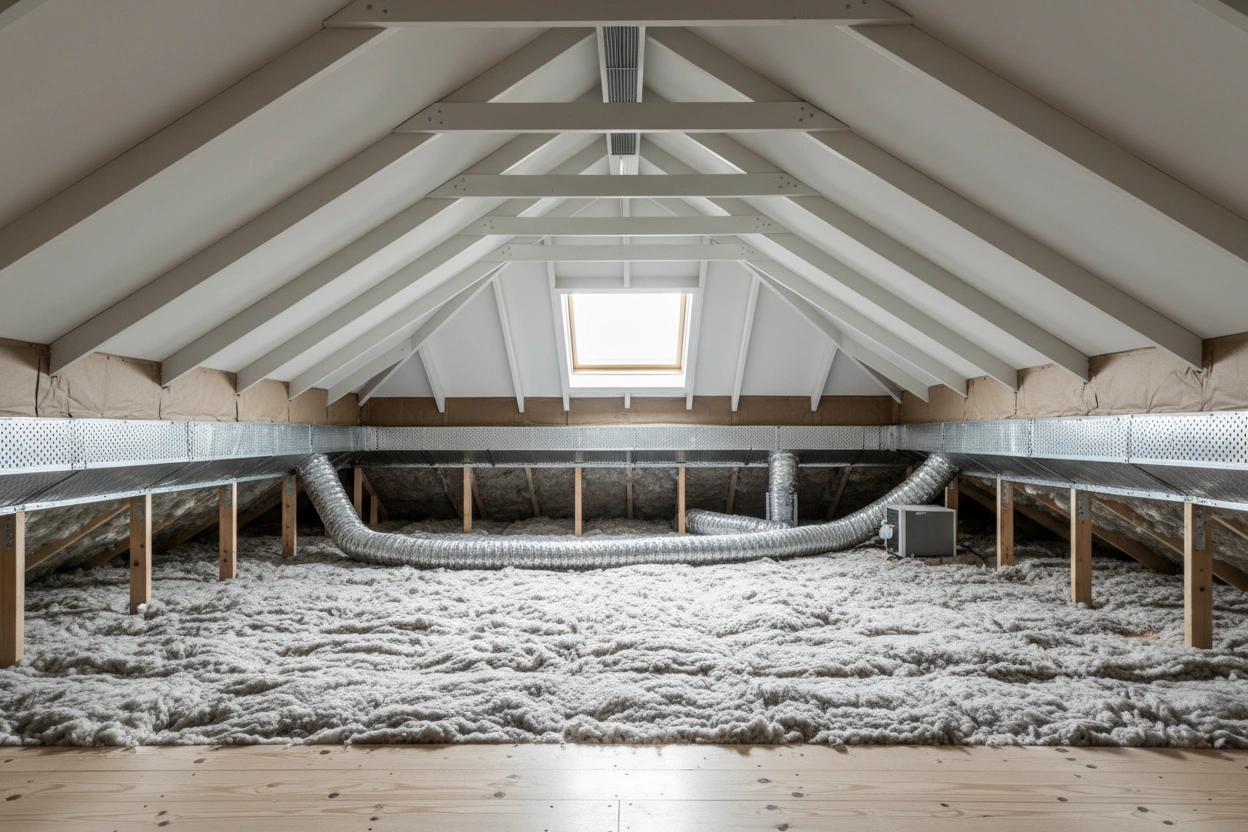 attic insulation installed in a bright finished loft with clean ductwork and white beams