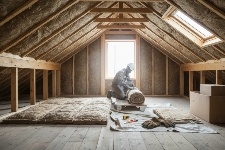contractor preparing rolls of attic insulation inside a wood-framed loft under natural light