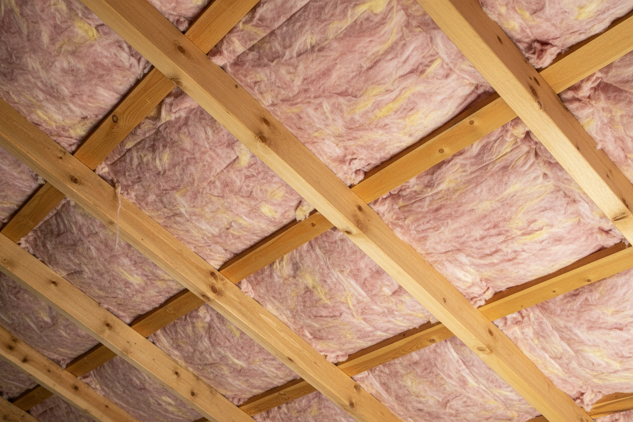 close-up view of pink fiberglass attic insulation fitted between wooden beams