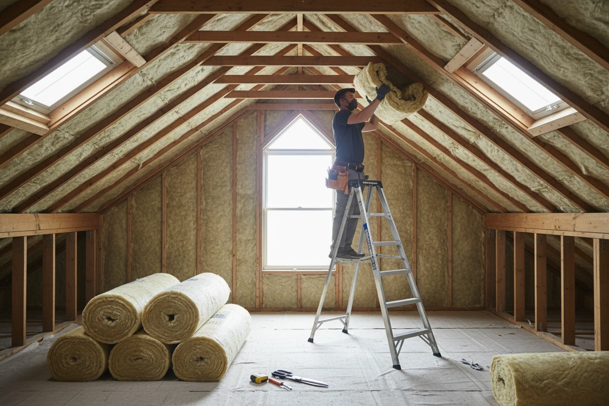 worker installing yellow attic insulation batts along sloped rafters with bright daylight from skylights