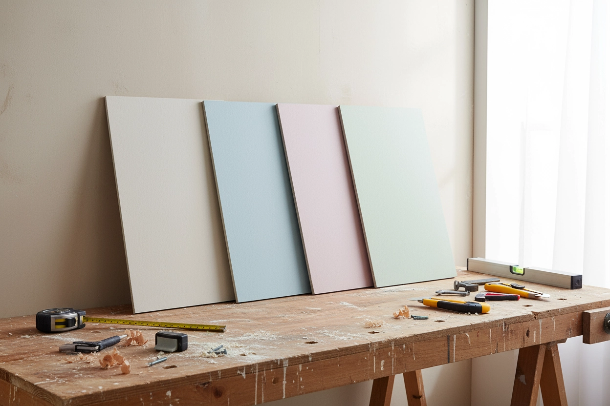 Different drywall colours displayed on a wooden workbench beside construction tools