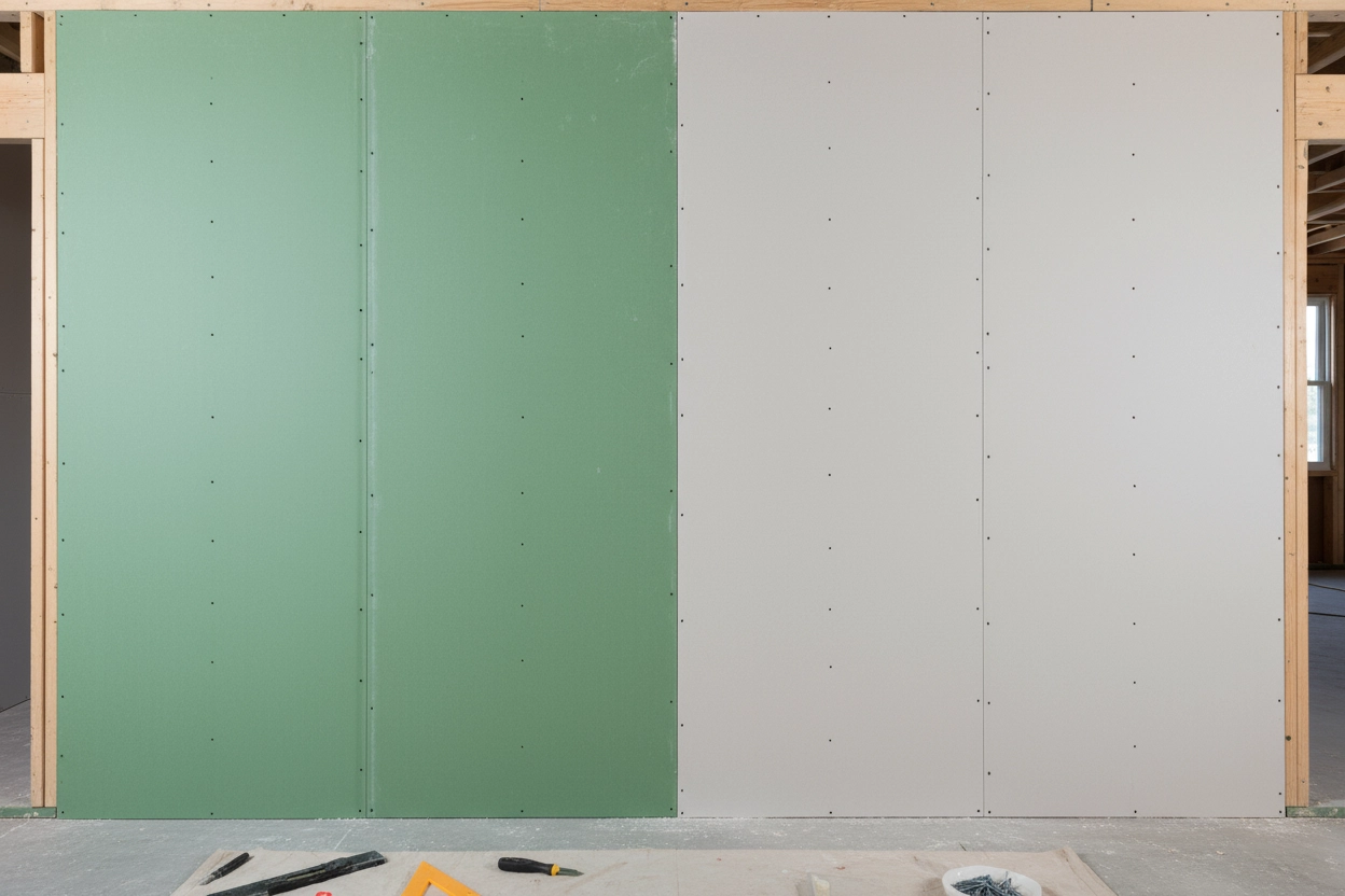 Green and white drywall colour panels installed on a new framed wall