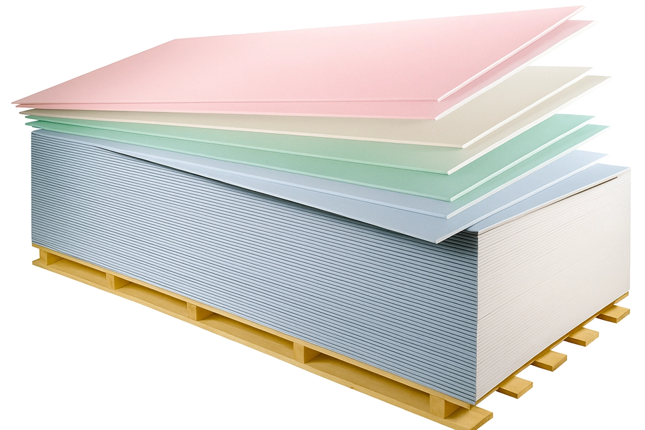 Stack of drywall sheets in different colours on a wooden pallet